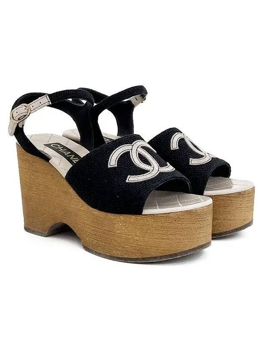 Chanel 24P ankle strap wood wedge heel sandals 36 black light gray 4ET1284