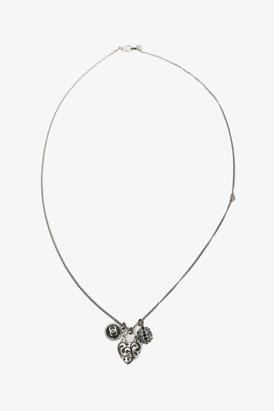 Chanel 2009 Silver Tone Heart Shaped CC Charmed Necklace