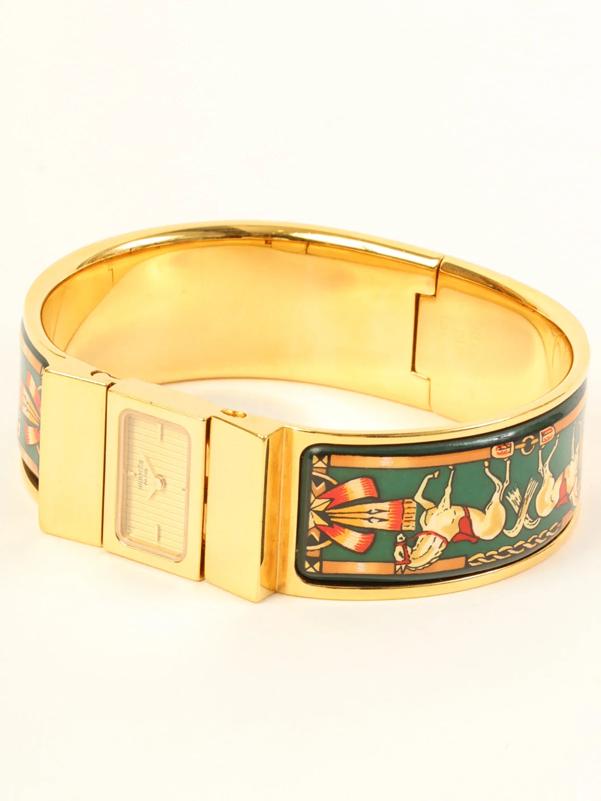HERMES Loquet Enamel Bangle Watch Gold/Green