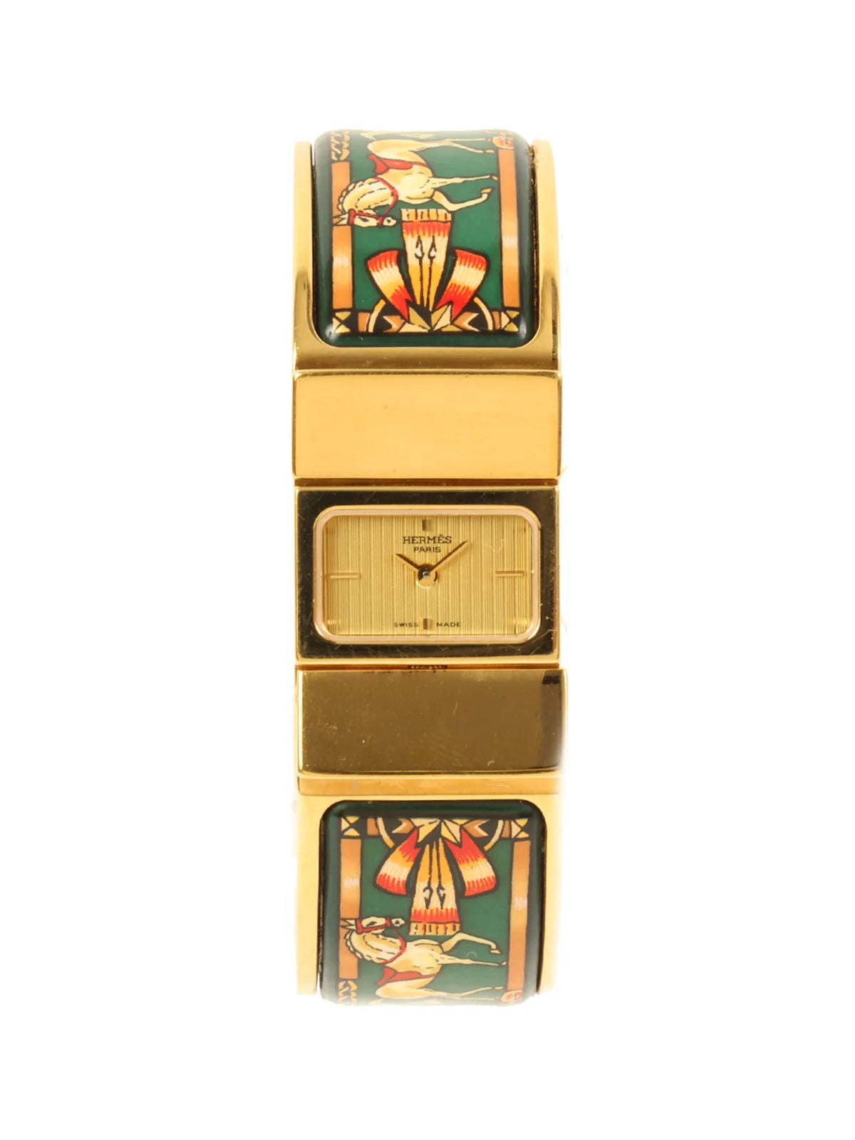 HERMES Loquet Enamel Bangle Watch Gold/Green